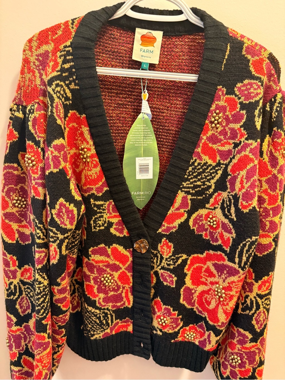 NWT Farm Rio Black Floral Button-Front Sweater Cardigan